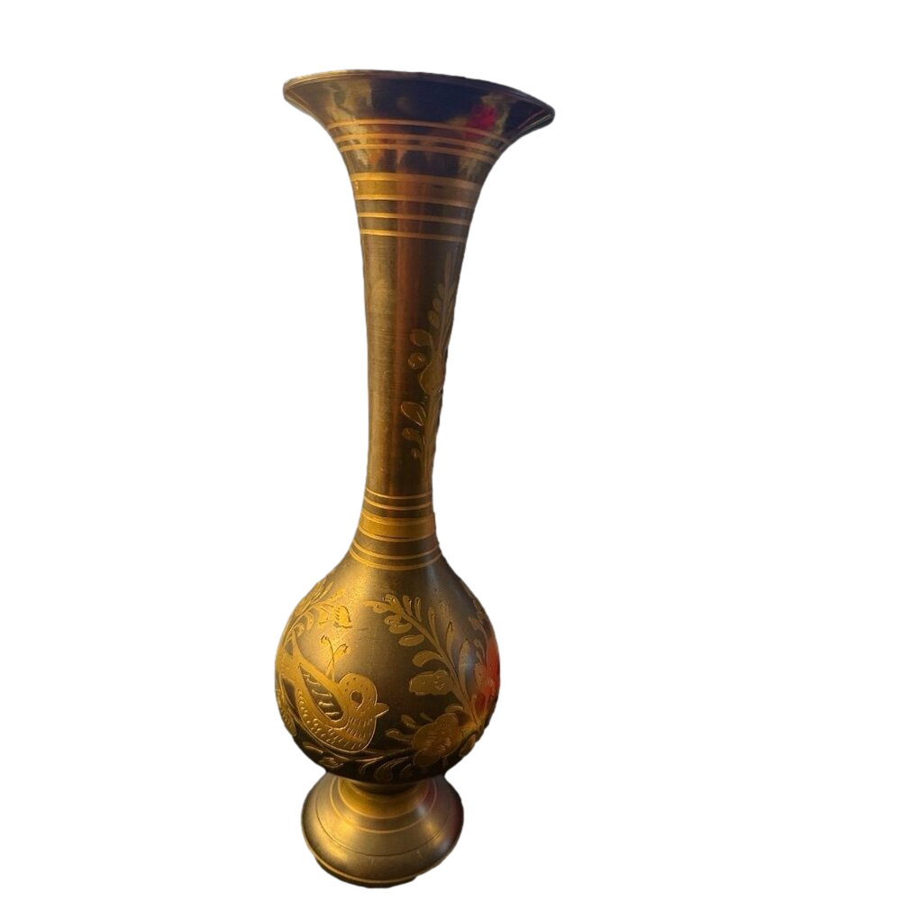 Vintage Etched Brass Vase 15" tall; floral motifs